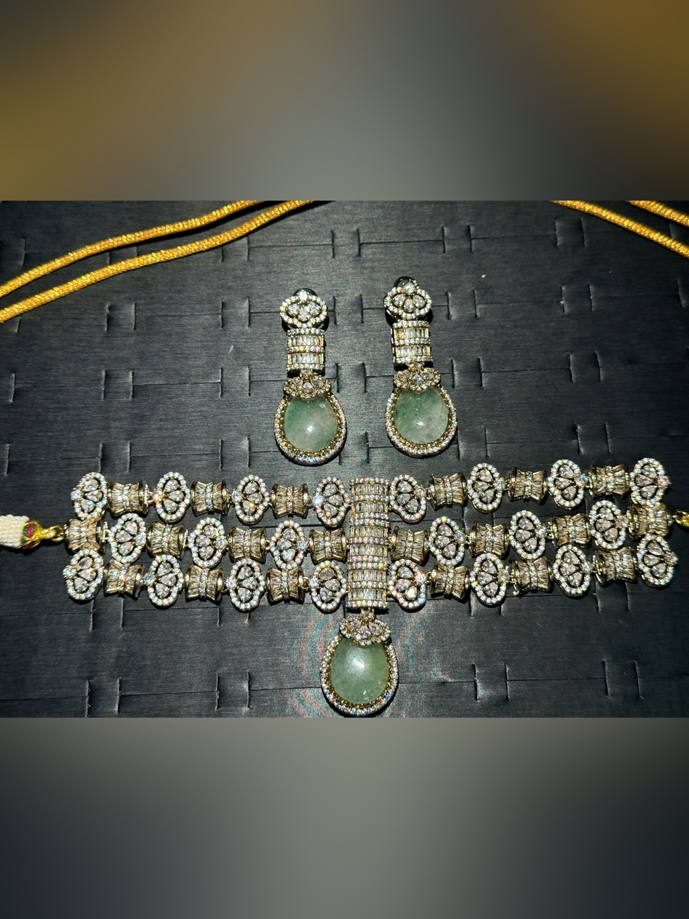 Sabyasachi Mint Green Stone and Crystal Statement Necklace & Earrings Set